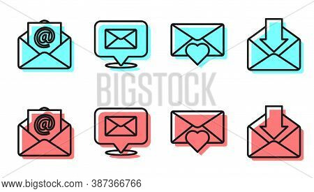 Set Line Envelope With Valentine Heart, Mail And E-mail, Speech Bubble With Envelope And Envelope Ic
