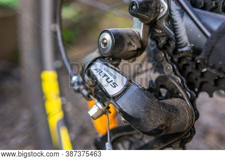 Tyumen, Russia-july 29, 2020: Rear Derailleur For Shimano Altus Bike. Shimano Is A Japanese Company,