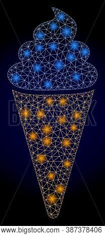 Glowing Mesh Polygonal Ice Cream With Glowing Spots. Illuminated Vector Model Created From Ice Cream
