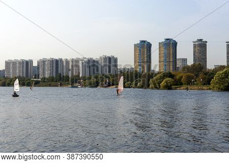 Standup Paddleboarding Are On The River Moscow, Strogino.