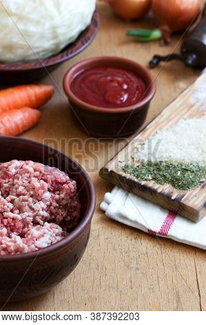 Ingredients For The Preparation Of A Traditional Moldavian Or Romanian Dish Of Stuffed Cabbage.