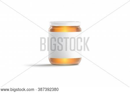 Blank Glass Jar With White Label And Honey Mock Up, 3d Rendering. Empty Conservation Tin With Sweet 
