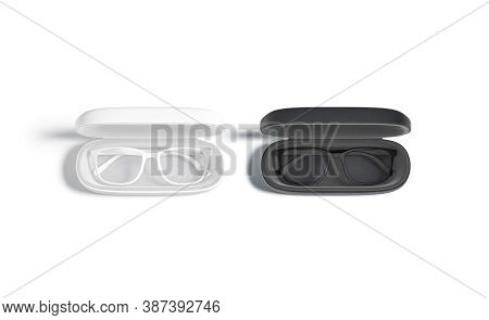 Blank Black And White Opened Case With Glasses Mock Up, 3d Renderimg. Empty Leather Spectacle-case M