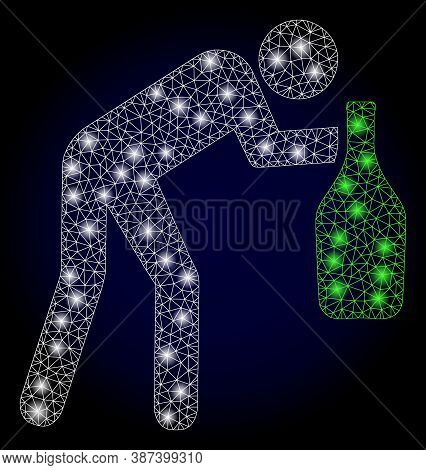 Glare Mesh Net Drunky Man With Lightspots. Illuminated Vector Model Created From Drunky Man Icon. Da