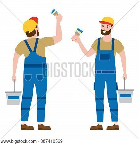 Construction Worker Painter With Brush And Paint Bucket In Workwear. Back And Front View Craftsman C