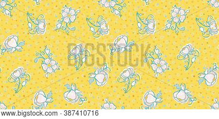 Retro Folk Art Flower And Dot Pattern. Vector Illustration. Retro Wild Rose, All Over Pattern. Vinta