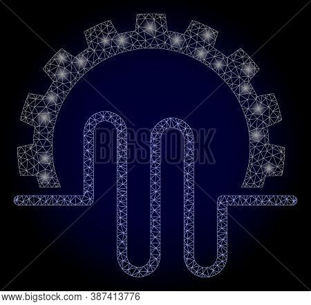 Shiny Mesh Net Pipe Service Gear With Glowing Spots. Illuminated Vector Model Created From Pipe Serv