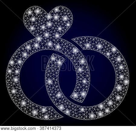 Glowing Mesh Net Wedding Rings With Glowing Spots. Illuminated Vector Constellation Created From Wed