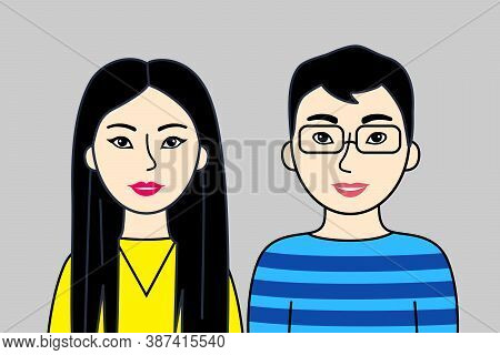 Asian Man And Woman, Two Chinese, Japanese Or Korean Young  Adults, Cartoon Simple Portrait. Pair Of
