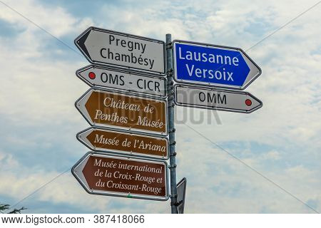 Geneva, Switzerland - Aug 16, 2020: Road Signs Of The United Nations Area. World Meteorological Orga
