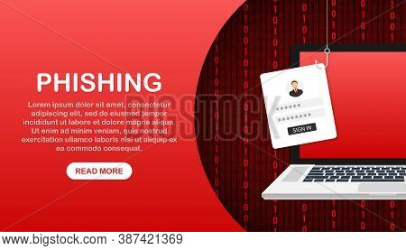 Data Phishing With Fishing Hook, Laptop, Internet Security. Vector Stock Illustration.