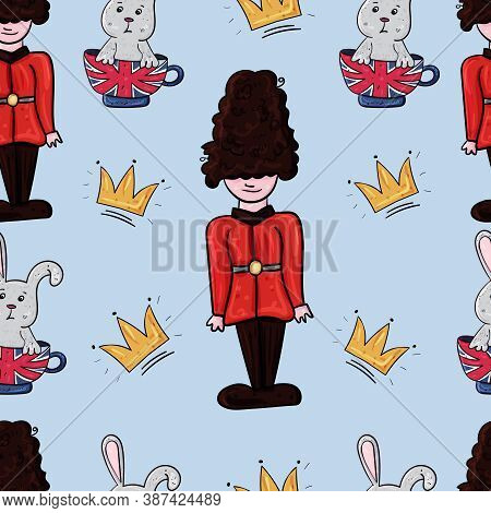 Guardsman And Rabbit Or Hare Seamless Pattern In English Royal Style, British Flag. Vector Endless T