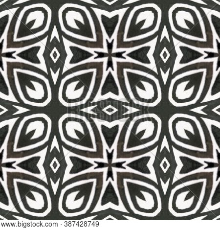 Boho Watercolor Pattern. Black And White  Monochrome Seamless Texture. Abstract Kaleidoscope Print. 