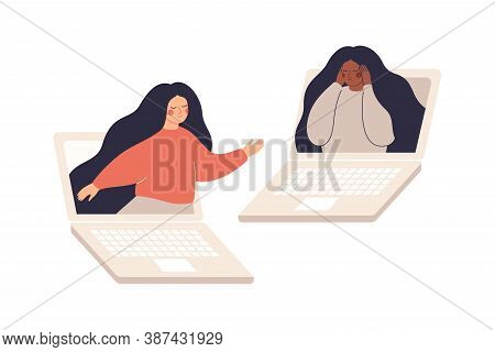 Online Therapy And Counselling For People Under Stress And Depression. Girl Comforts Her Sad Friend 