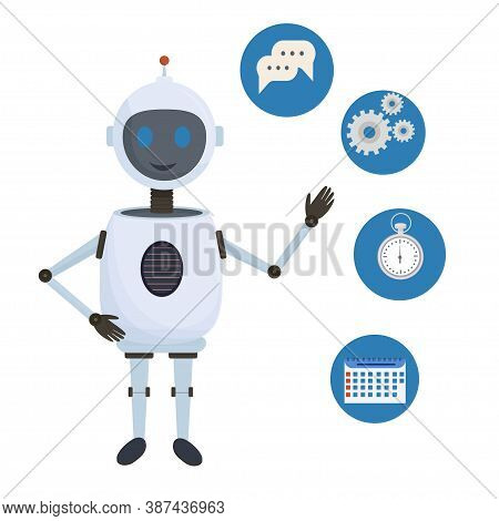 Chat Bot, Robot Standing And Showing Helping Icons Stock Vector Illustration Isolated On White Backg