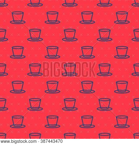 Blue Line Cylinder Hat Icon Isolated Seamless Pattern On Red Background. Vector