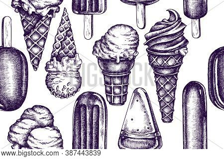 Artistic Seamless Pattern With Popsicle Ice Cream, Ice Cream Cones Stock Illustration