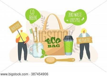 Eco Life, People With Ecological Bag, Zero Waste Lifestyle Concept Vector Illustration. Ecology Obje