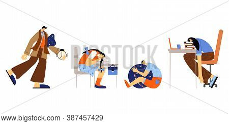 Tired Family. Set With Tired And Sleepy People. A Man, A Woman, A Girl, And A Boy Sleeping In Differ