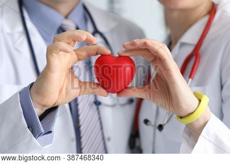 Doctors Man And Woman With Phonendoscope Hold Red Heart In Their Hand. Diseases Of The Cardiovascula