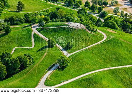 Aerial view of Olympiapark from Olympiaturm (Olympic Tower). Munich, Bavaria, Germany