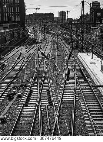 HAMBURG, GERMANY - SEP 15, 2020: Rows of rails in perspective and traditional architecture, Hambug, Germany