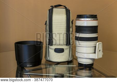 Cologne, Germany - September 28th 2020: A German Photographer Taking Detailed Pictures Of His Canon 