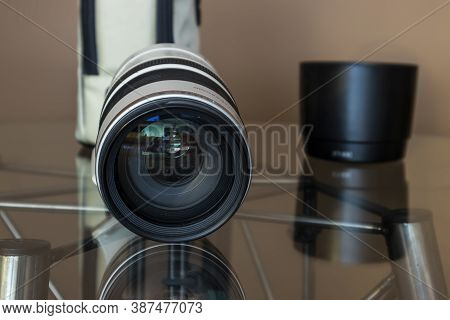Cologne, Germany - September 28th 2020: A German Photographer Taking Detailed Pictures Of His Canon 