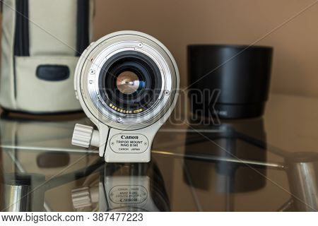Cologne, Germany - September 28th 2020: A German Photographer Taking Detailed Pictures Of His Canon 
