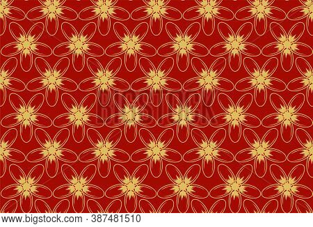 Gold Flower On Red Background - Retro Style Chinese Parttern Seamless. Vector.