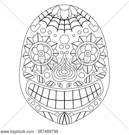 Dia De Muertos Calavera Coloring Page For Kids And Adults Stock Vector Illustration. Smiling Decorat