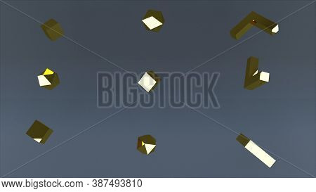 3d Rendering Of Set Of Diffrent Golden Elements. Computer Generated Geometric Background