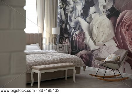 Beautiful Floral Photoart Work Used As Wallpaper In Bedroom Interior
