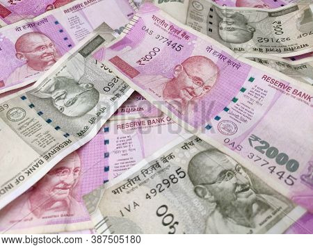2000 Rupees Bank Note Currency Full Background With New 500 Rs Notes.
