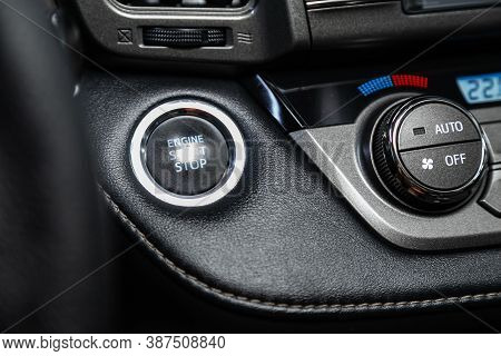 Novosibirsk, Russia - August 07, 2020: Toyota Rav-4, Car Engine Push Start Stop Button Ignition Remo
