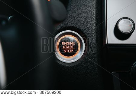 Novosibirsk, Russia - September 29, 2020: Honda Cr-v, Car Engine Push Start Stop Button Ignition Rem