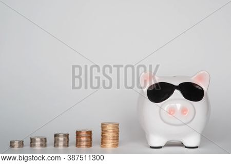 Financial Savings For A Dignified Life. Piggy Bank On A White Background. Coins