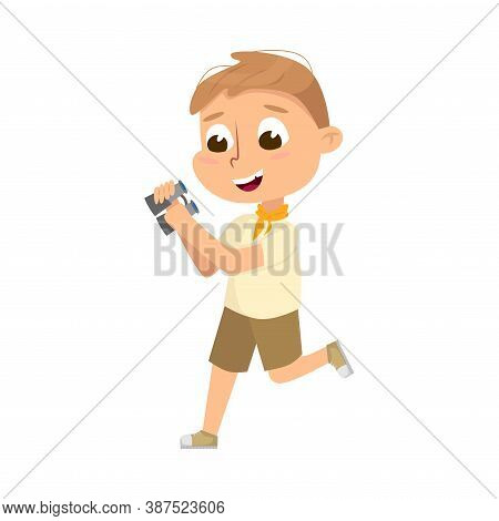 Cute Scout Boy With Binoculars, Scouting Elementary School Child Character In Uniform, Summer Holida