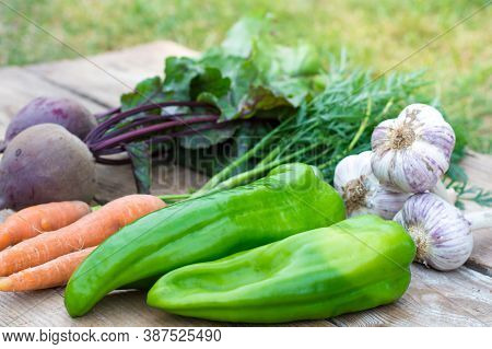 Fresh Vegetables, Harvest Time, Cooking Ingredients On Rustic Wooden Board, Plant Based Food, Health