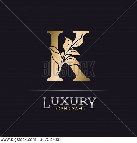 Golden Initial Letter K. Elegant Design Letter K With Floral Branch. Luxury Gold Logo Icon. Vintage 