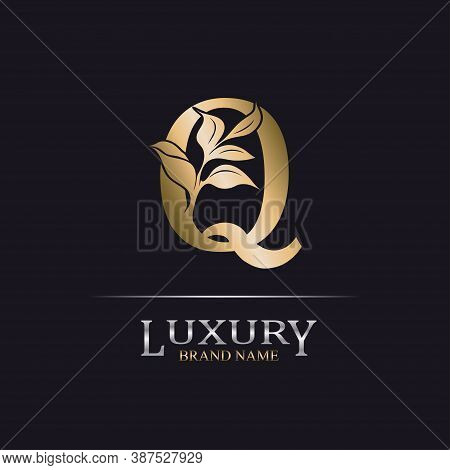 Golden Initial Letter Q. Elegant Design Letter Q With Floral Branch. Luxury Gold Logo Icon. Vintage 