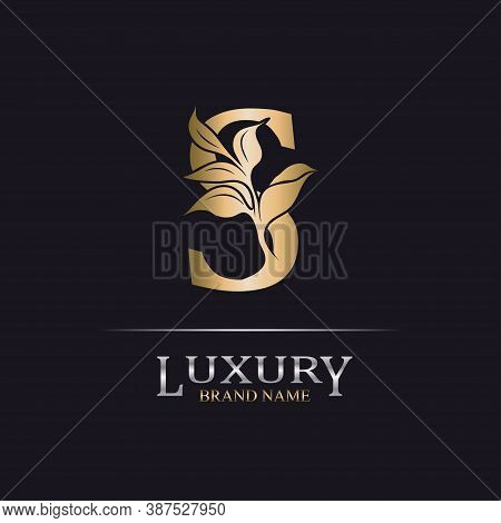 Golden Initial Letter S. Elegant Design Letter S With Floral Branch. Luxury Gold Logo Icon. Vintage 