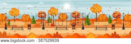 Beautiful Autumn City Park Panorama With Bench And Town Building Background. Beautiful Urban Fall Pa