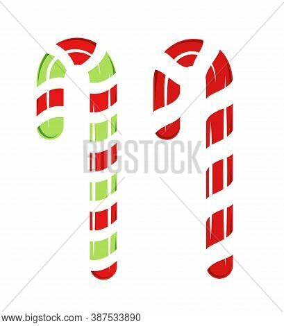 Red And Green Christmas Candy Isolated On A White Background. Christmas Concept. Design Elements For