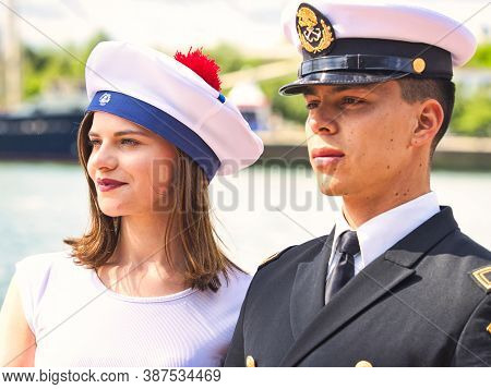 Rouen, France - June Circa, 2019. Unidentified Attractive Crew Member With Uniform On The Top Deck O