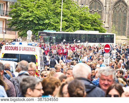 Rouen, France - June Circa, 2019. Unidentified Sailors Parade In Streets At The Festival Of The Navy
