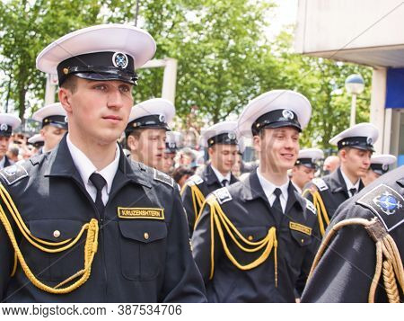 Rouen, France - June Circa, 2019. Unidentified Sailors Parade In Streets At The Festival Of The Navy