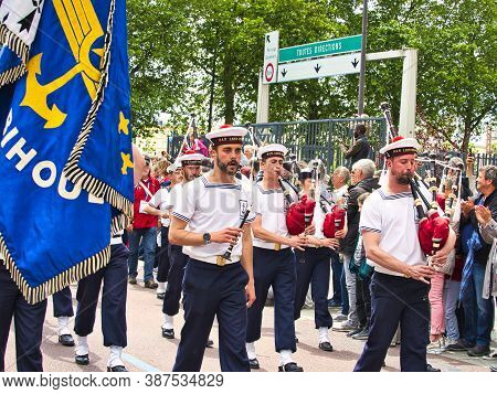 Rouen, France - June Circa, 2019. Unidentified Sailors Parade In Streets At The Festival Of The Navy