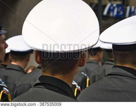 Rouen, France - June Circa, 2019. Unidentified Sailors Parade In Streets At The Festival Of The Navy