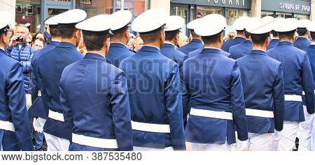 Rouen, France - June Circa, 2019. Unidentified Sailors Parade In Streets At The Festival Of The Navy